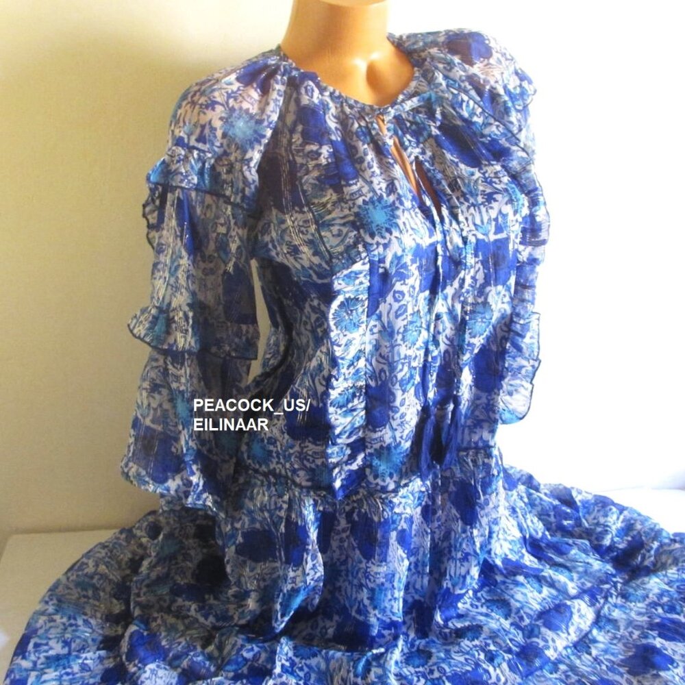 Debbie Katz Chiffon Midi Dress SMALL (4-6) Blue Paisley Tiered Flowy Boho $105 - Picture 5 of 10